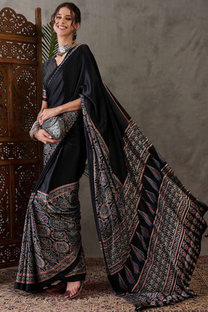 Black Ajrakh Printed Modal Satin Saree with Rich Party Wear Look