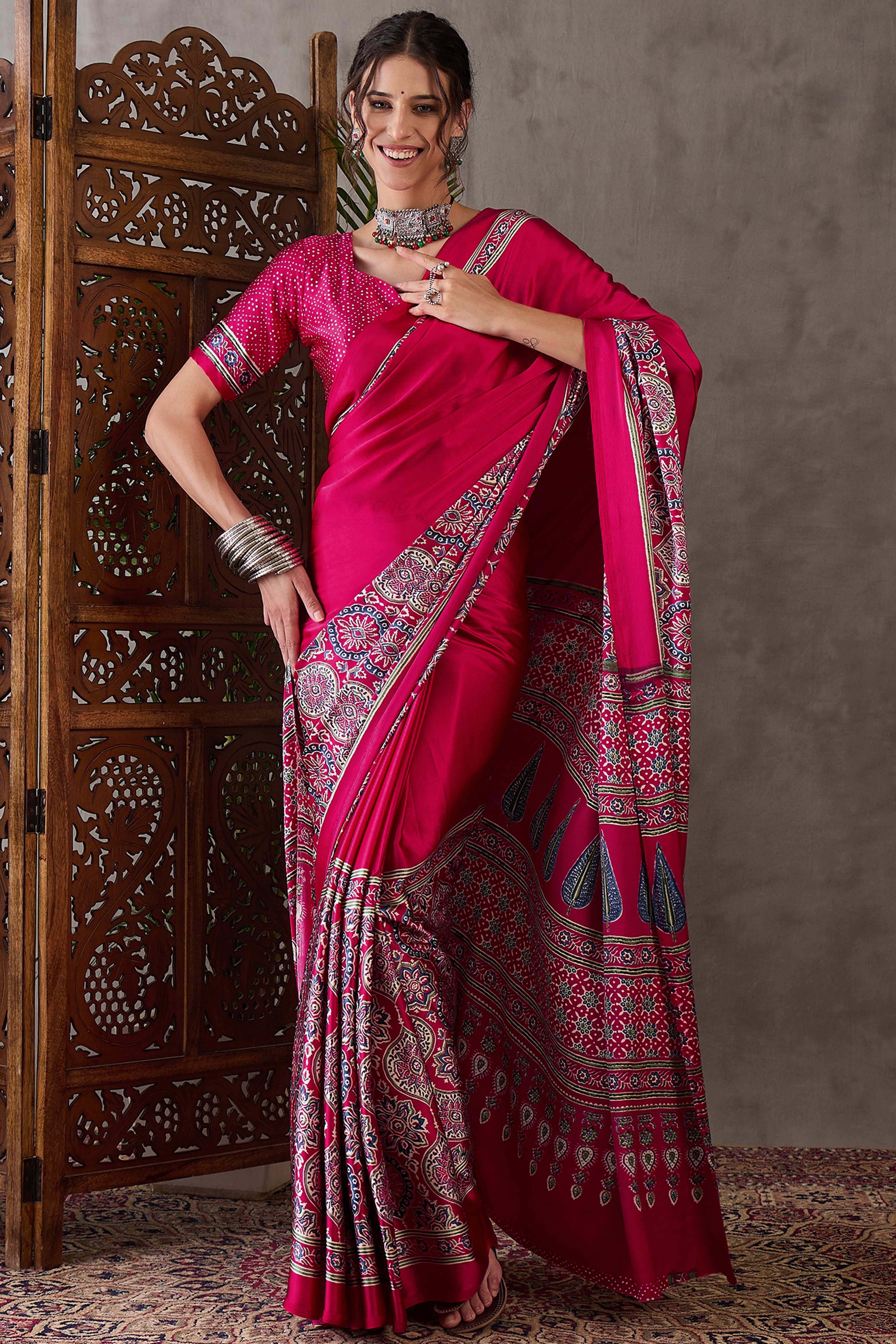 Pink Ajrakh Printed Modal Satin Saree with Rich Party Wear Look