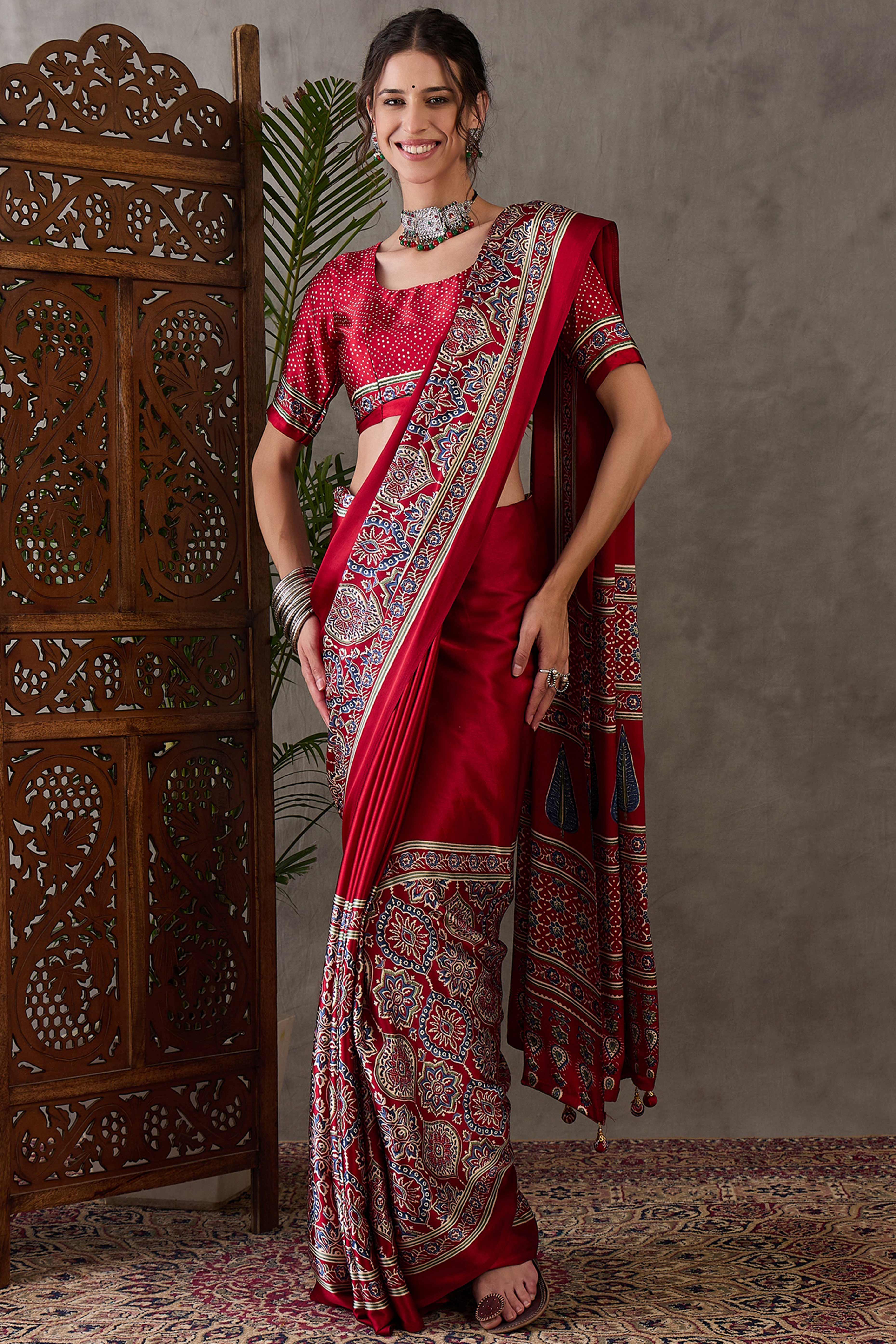 Red Ajrakh Printed Modal Satin Saree with Rich Party Wear Look