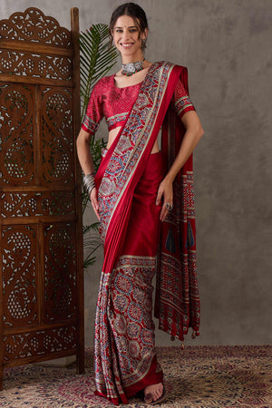Red Ajrakh Printed Modal Satin Saree with Rich Party Wear Look