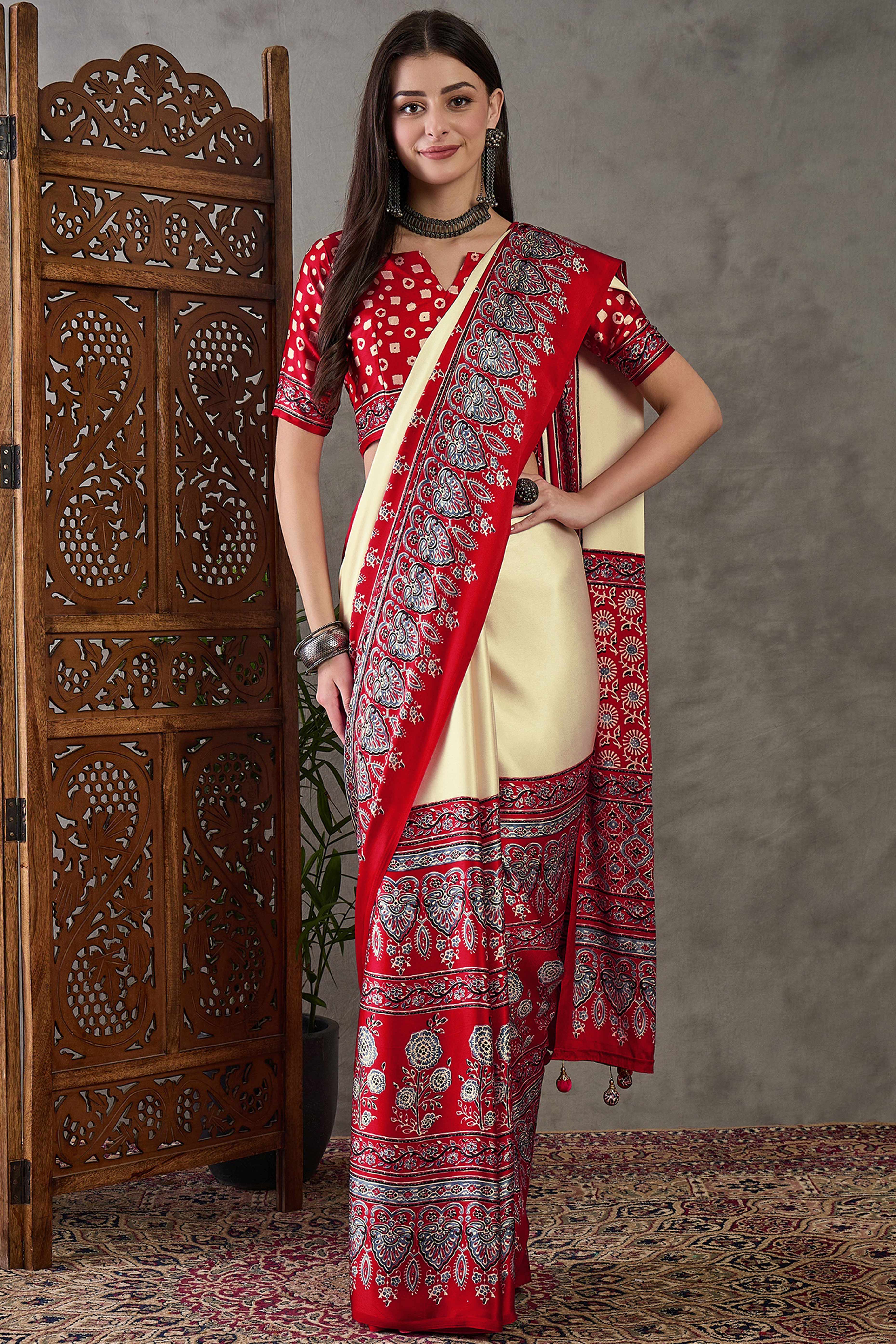 Cream & Red Ajrakh Printed Modal Satin Saree with Elegant Party Wear Appeal