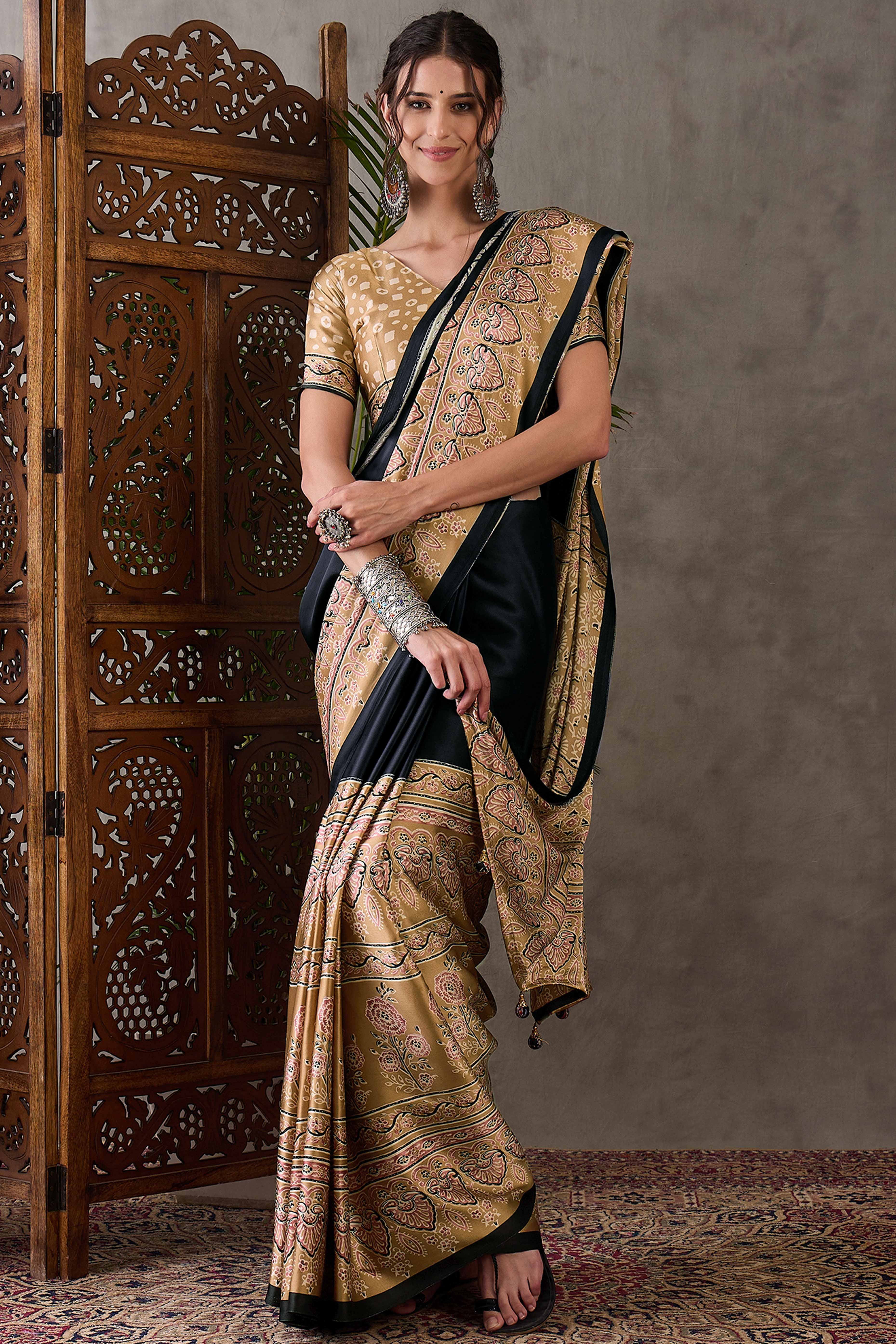 Black & Chikoo Ajrakh Printed Modal Satin Saree with Elegant Party Wear Appeal