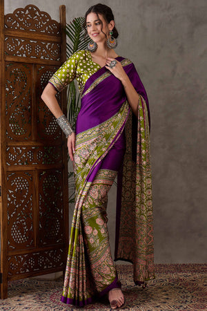 Purple & Green Ajrakh Printed Modal Satin Saree with Elegant Party Wear Appeal