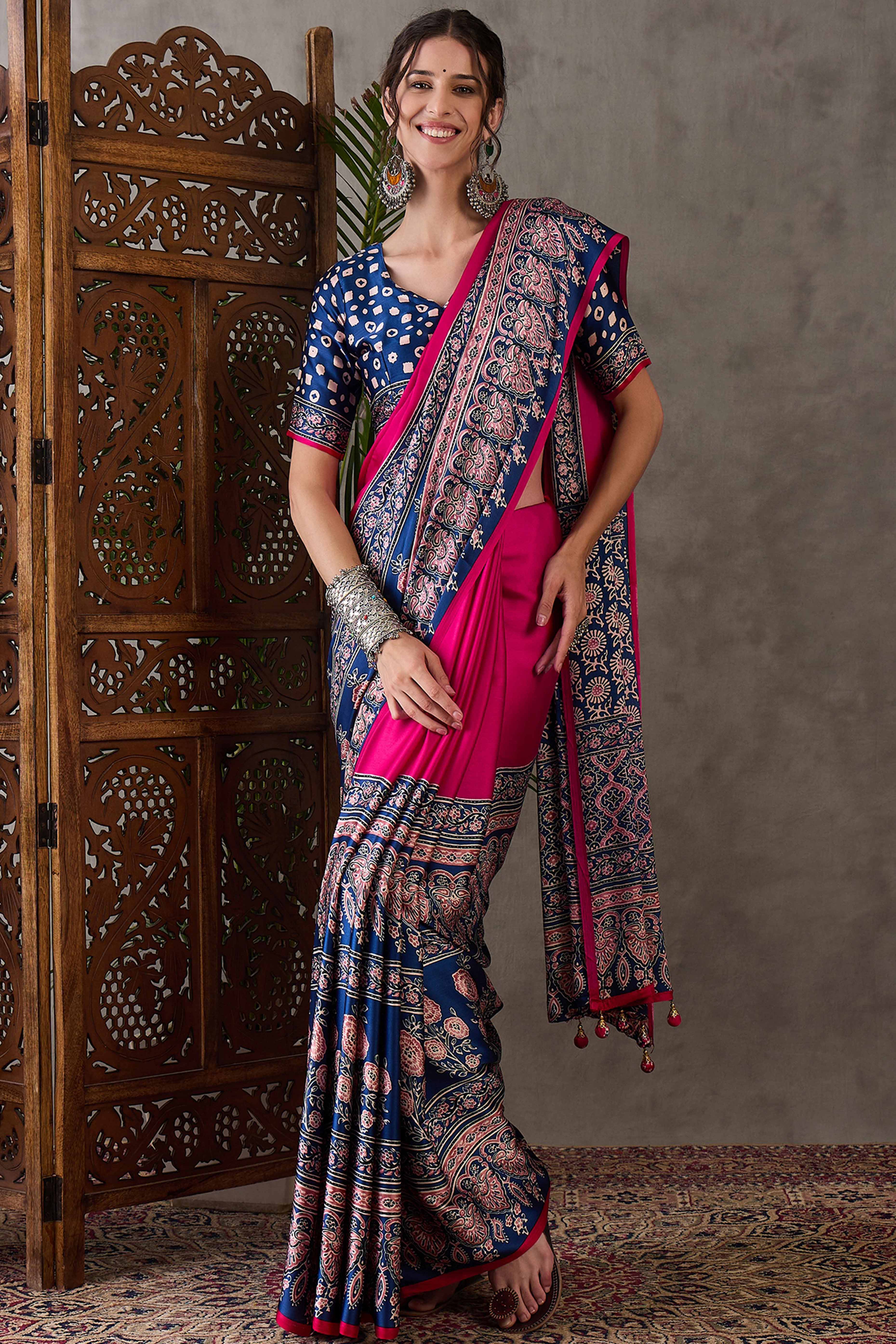 Pink & Blue Ajrakh Printed Modal Satin Saree with Elegant Party Wear Appeal