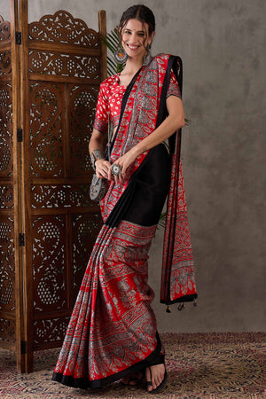 Black & Red Ajrakh Printed Modal Satin Saree with Elegant Party Wear Appeal