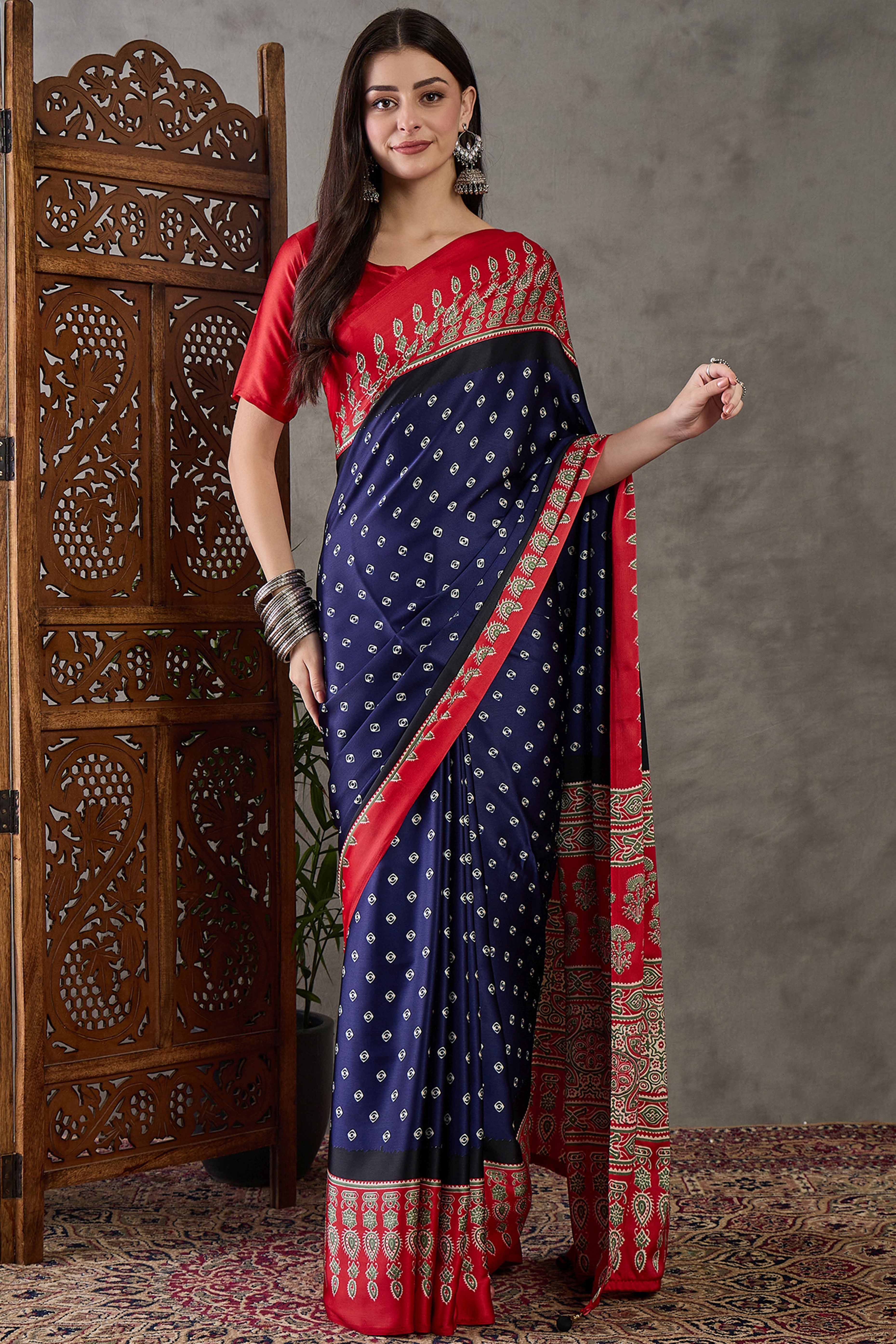 Blue Ajrakh Printed Modal Satin Saree with Traditional Ajrakh Charm