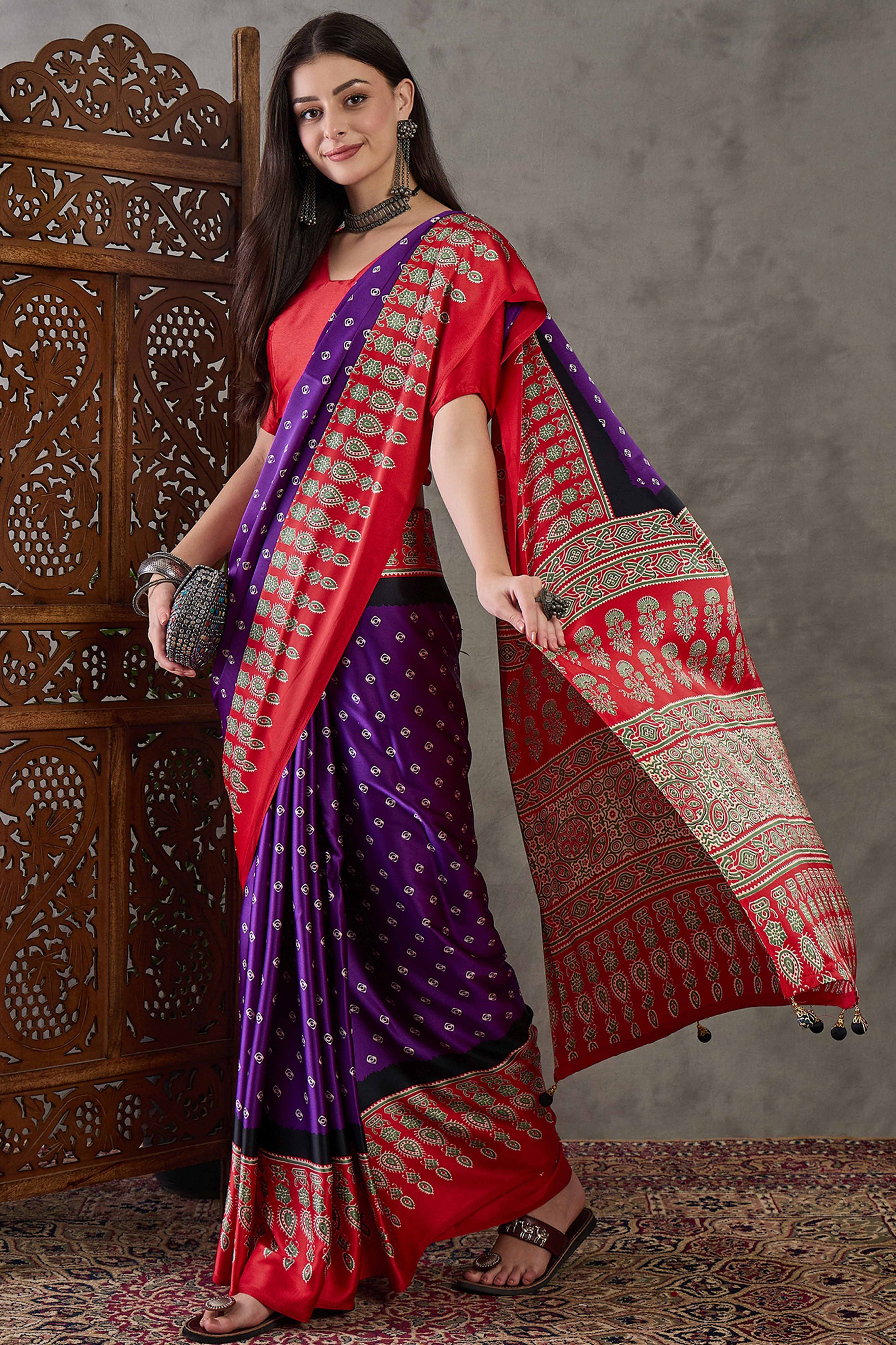Purple Ajrakh Printed Modal Satin Saree with Traditional Ajrakh Charm