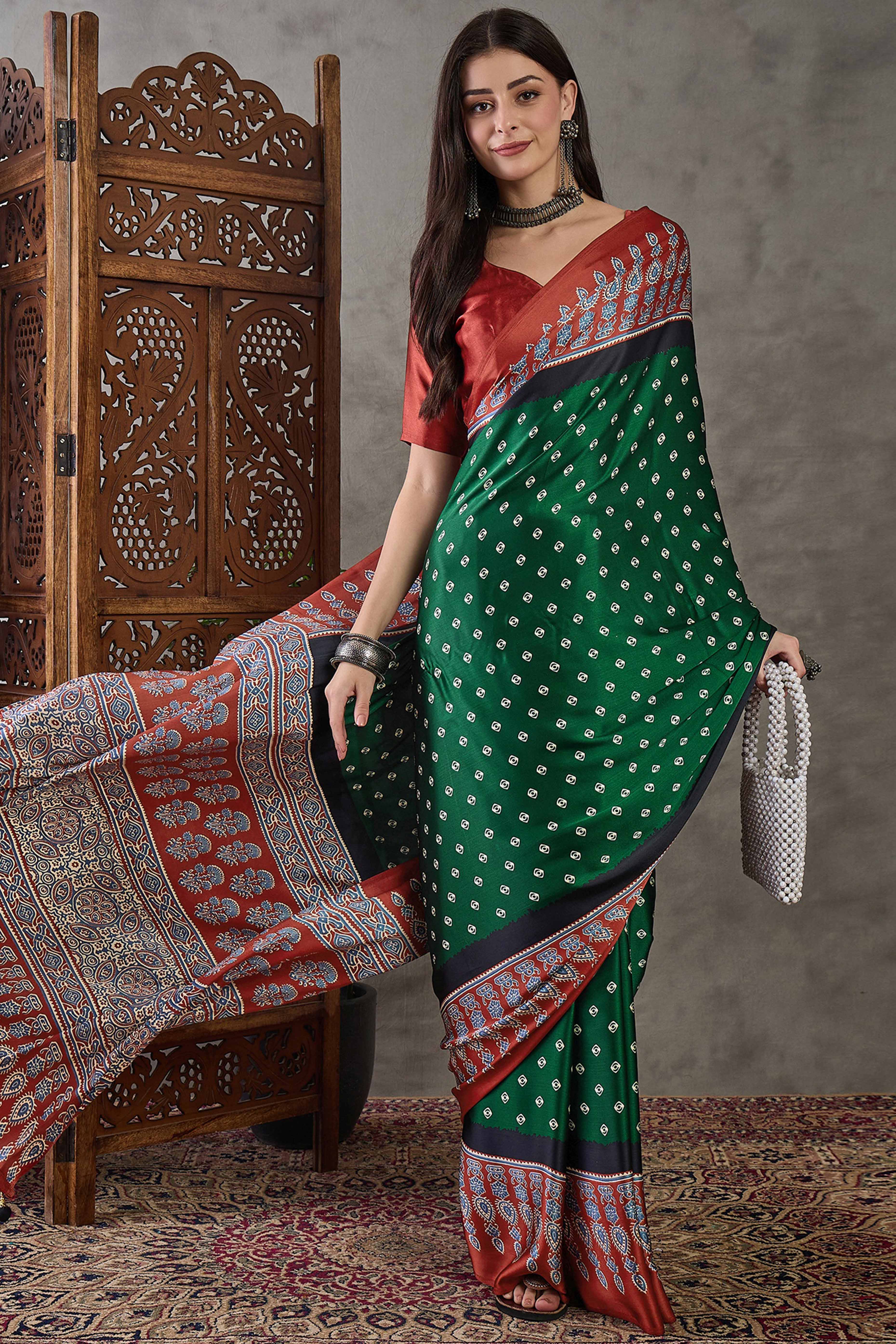 Green Ajrakh Printed Modal Satin Saree with Traditional Ajrakh Charm