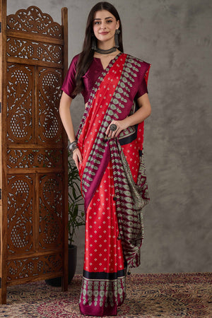 Red Ajrakh Printed Modal Satin Saree with Traditional Ajrakh Charm