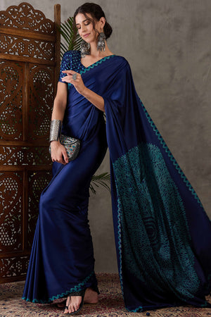 Blue Free Style Printed Modal Satin Party Wear Saree with a Smooth Satin Drape
