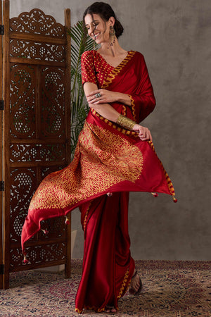 Red Free Style Printed Modal Satin Party Wear Saree with a Smooth Satin Drape