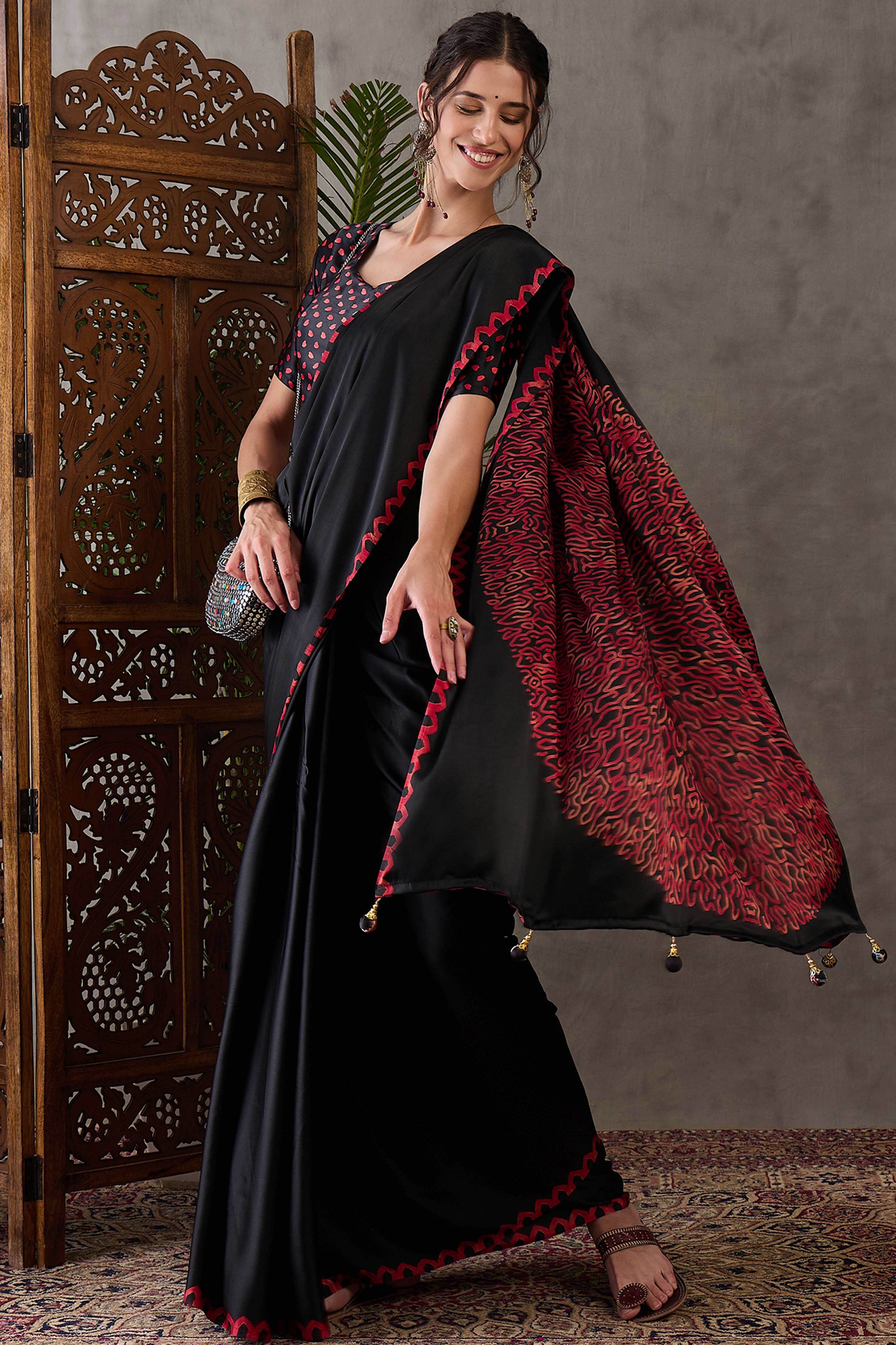 Black Free Style Printed Modal Satin Party Wear Saree with a Smooth Satin Drape