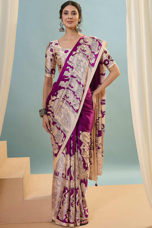 Purple Kalamkari Style Modal Satin Saree Featuring Intricate Artistic Prints