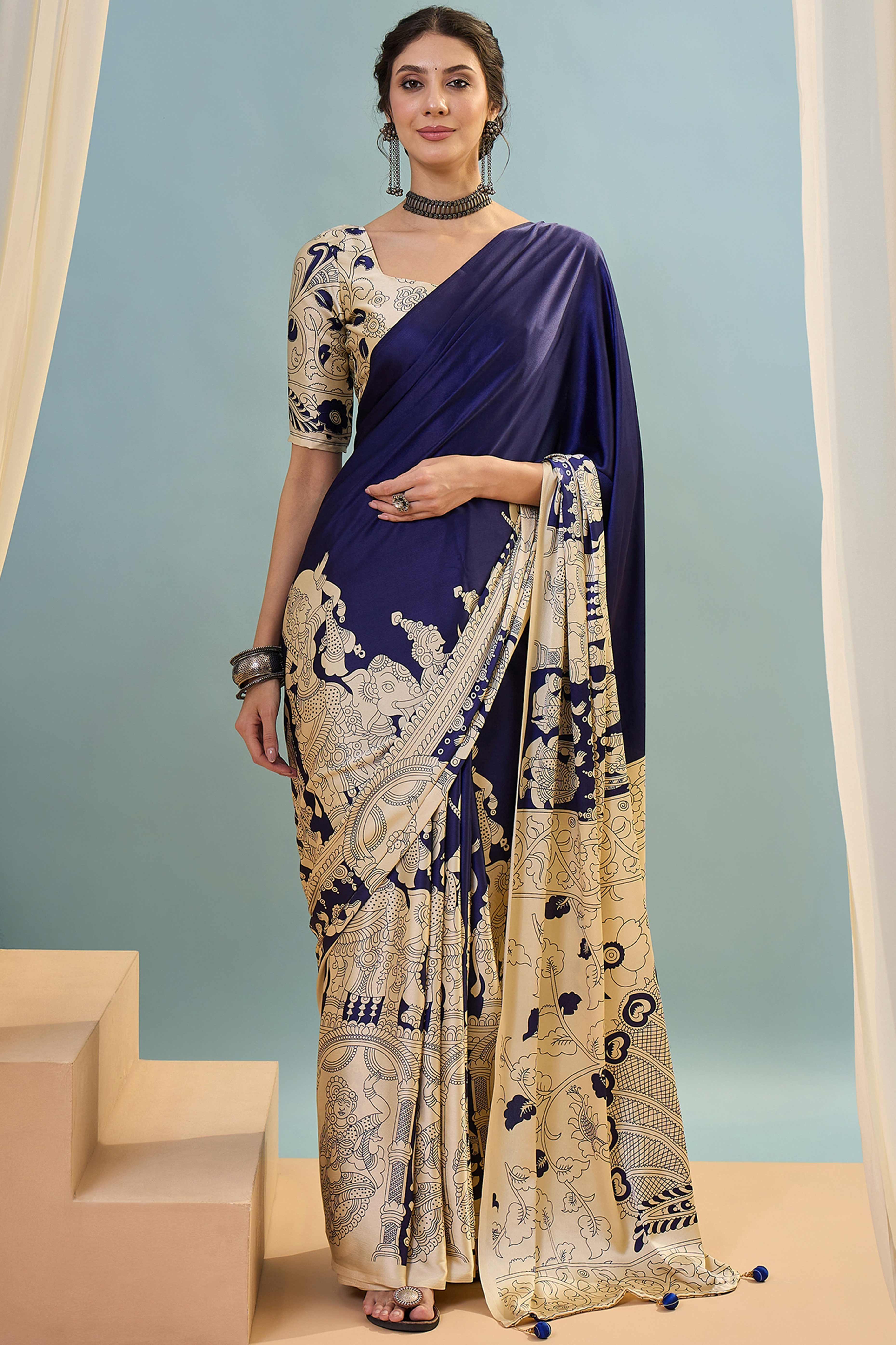 Blue Kalamkari Style Modal Satin Saree Featuring Intricate Artistic Prints