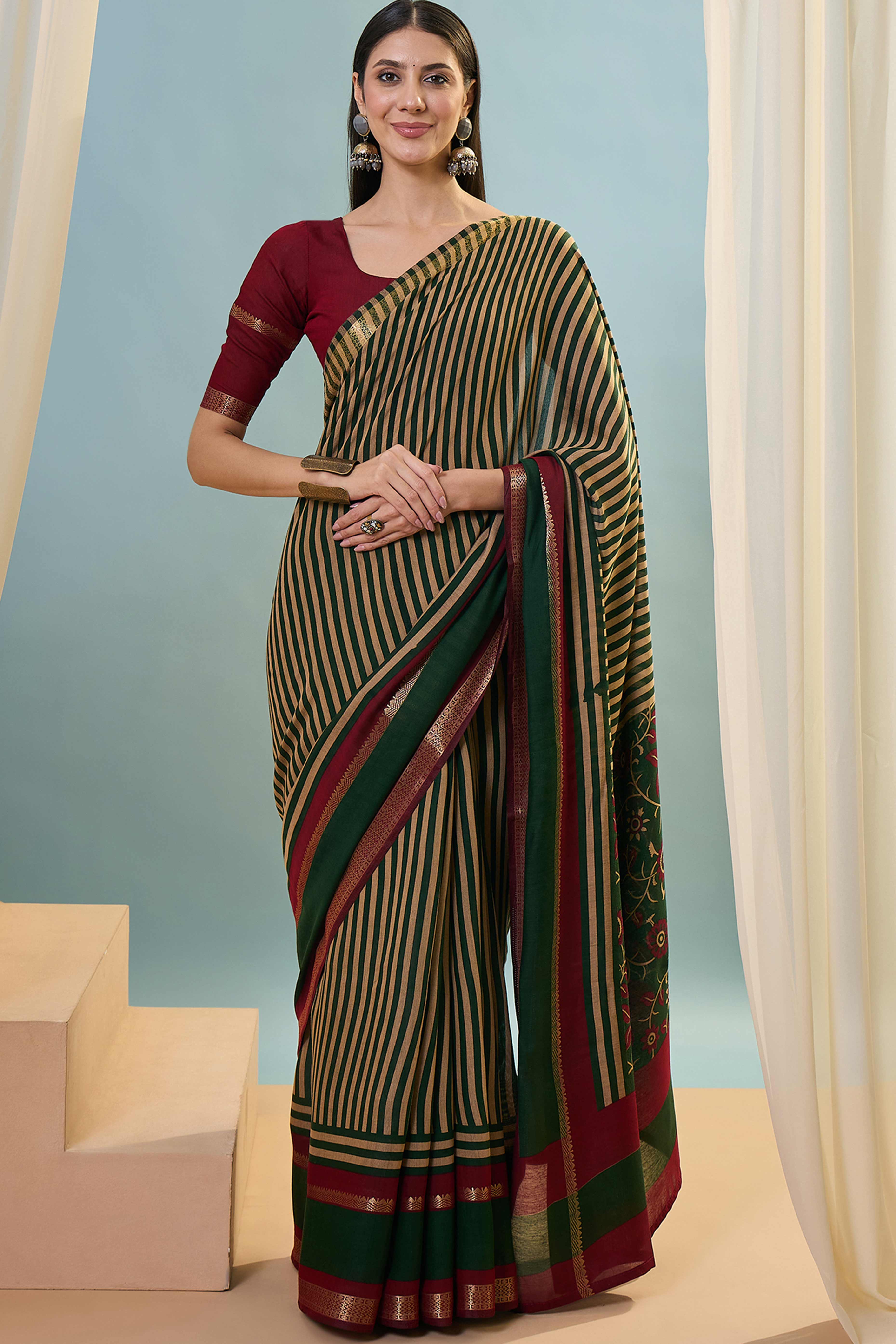 Green Striped Printed Viscose Saree with a Subtle Zari Finish