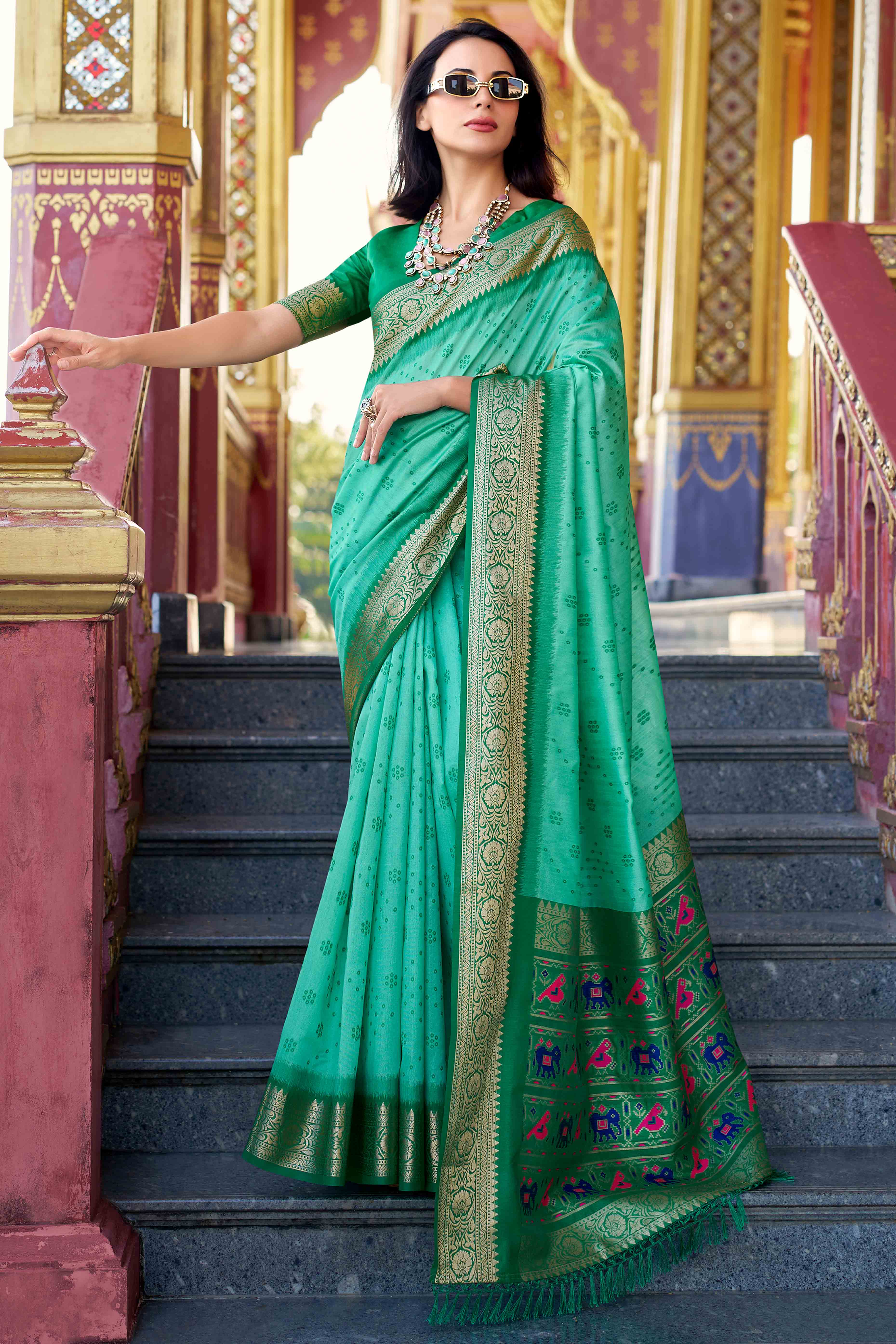 Silk Blend Woven Bandhani Saree In Sea Green With Contrasting Patola Pallu