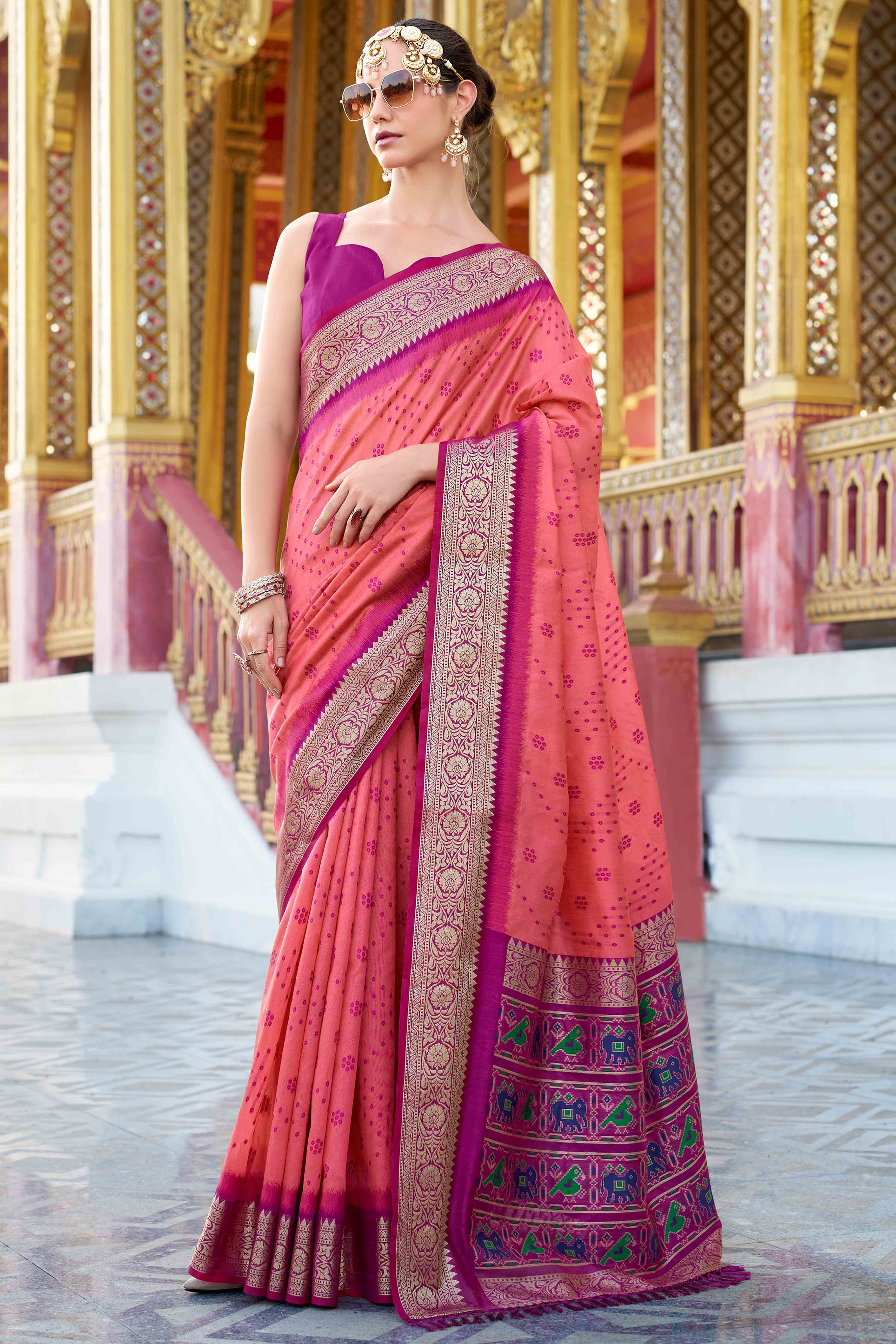 Silk Blend Woven Bandhani Saree In Peach With Contrasting Patola Pallu