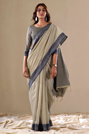 Light Beige Khaadi Saree with Elegant Solid Body and Contrast Weaving Border
