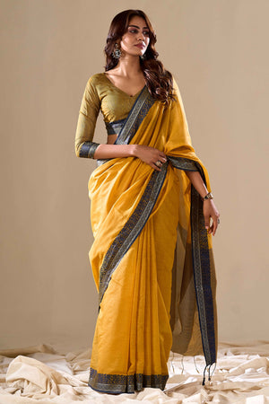 Mustard Khaadi Saree with Elegant Solid Body and Contrast Weaving Border