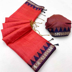 Coral Red Pure Silk Handloom Saree with Intricate Jacquard Weave