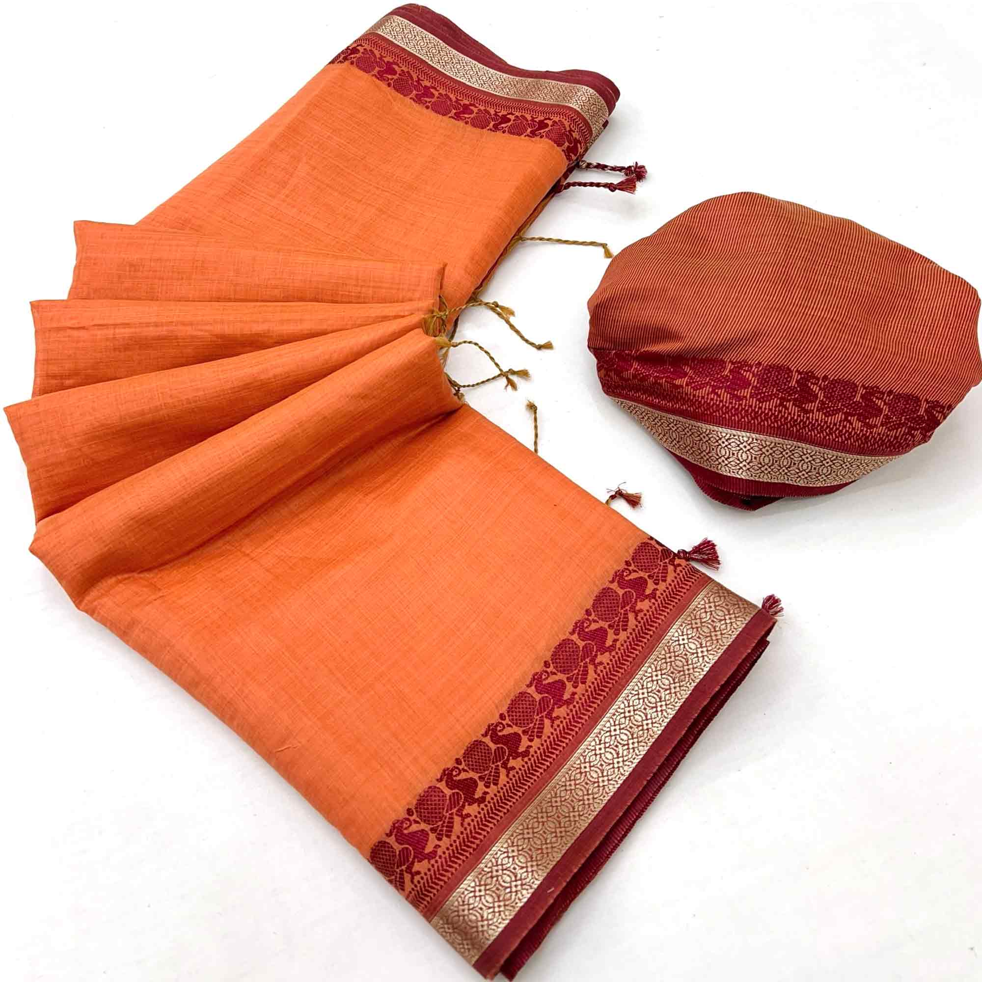 Orange Pure Handloom Silk Saree with an Elegantly Woven Jacquard Border