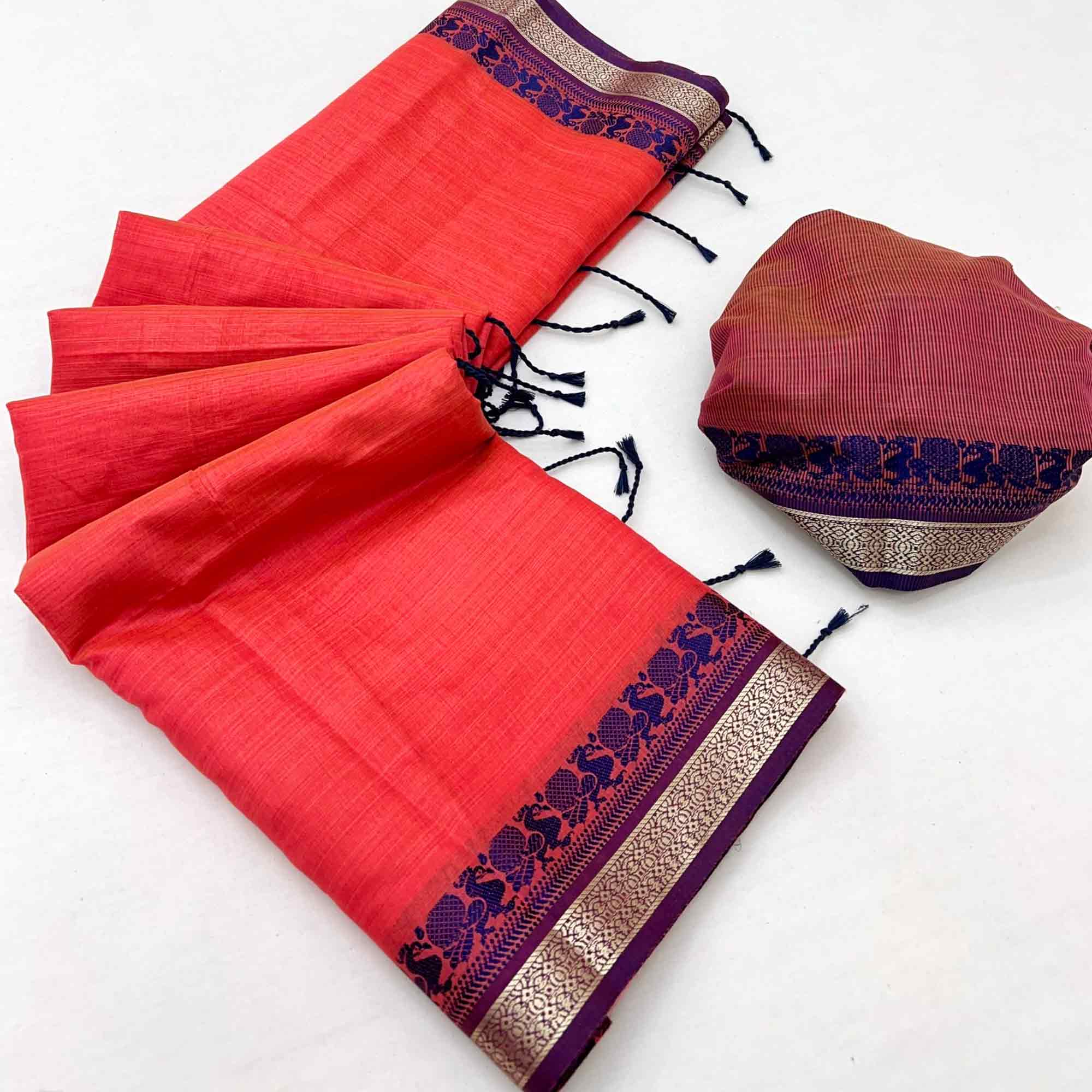 Coral Red Pure Handloom Silk Saree with an Elegantly Woven Jacquard Border
