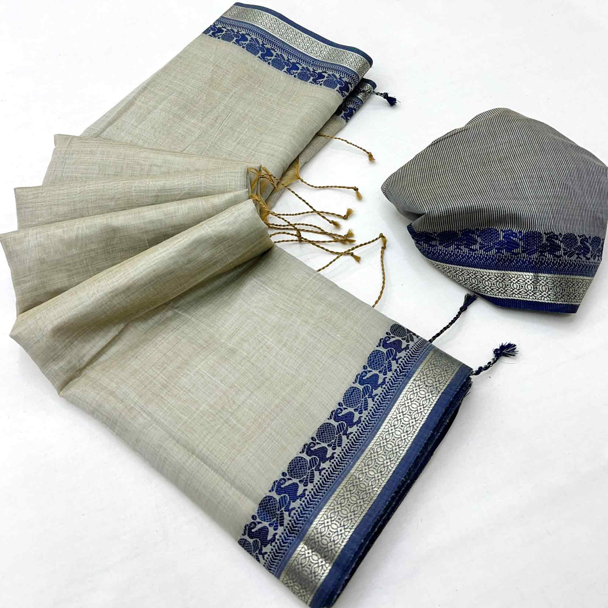 Light Grey Pure Handloom Silk Saree with an Elegantly Woven Jacquard Border