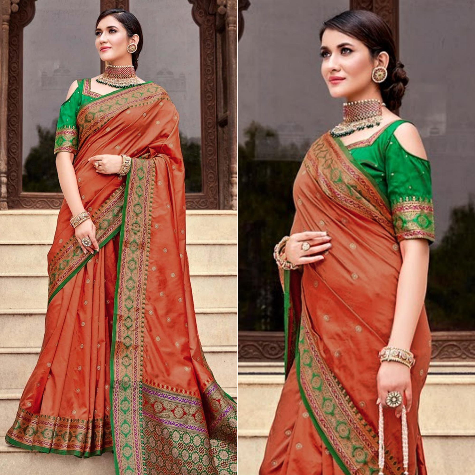 Peach Woven Pure Silk Saree With With Tassels