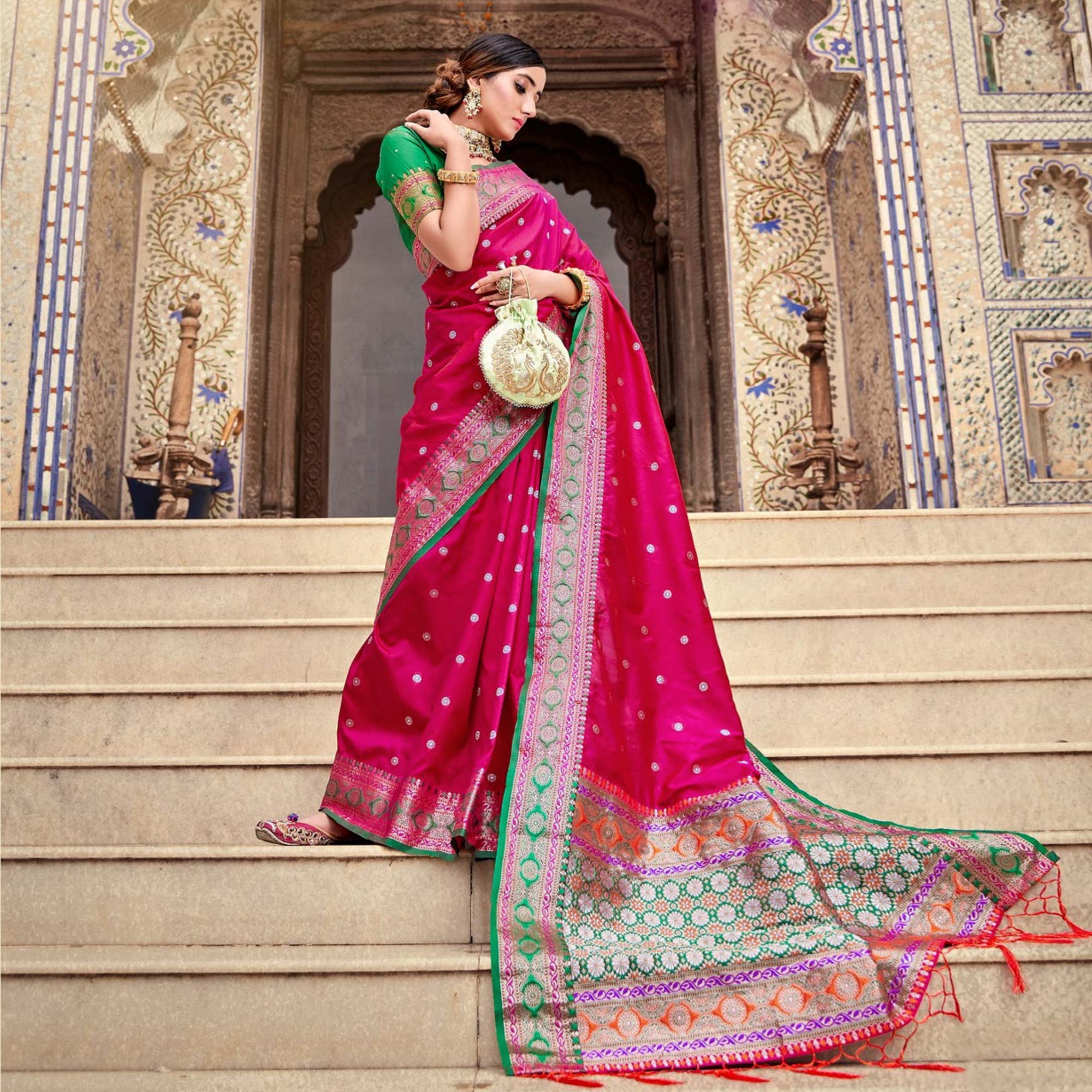 Pink Woven Pure Silk Saree With With Tassels