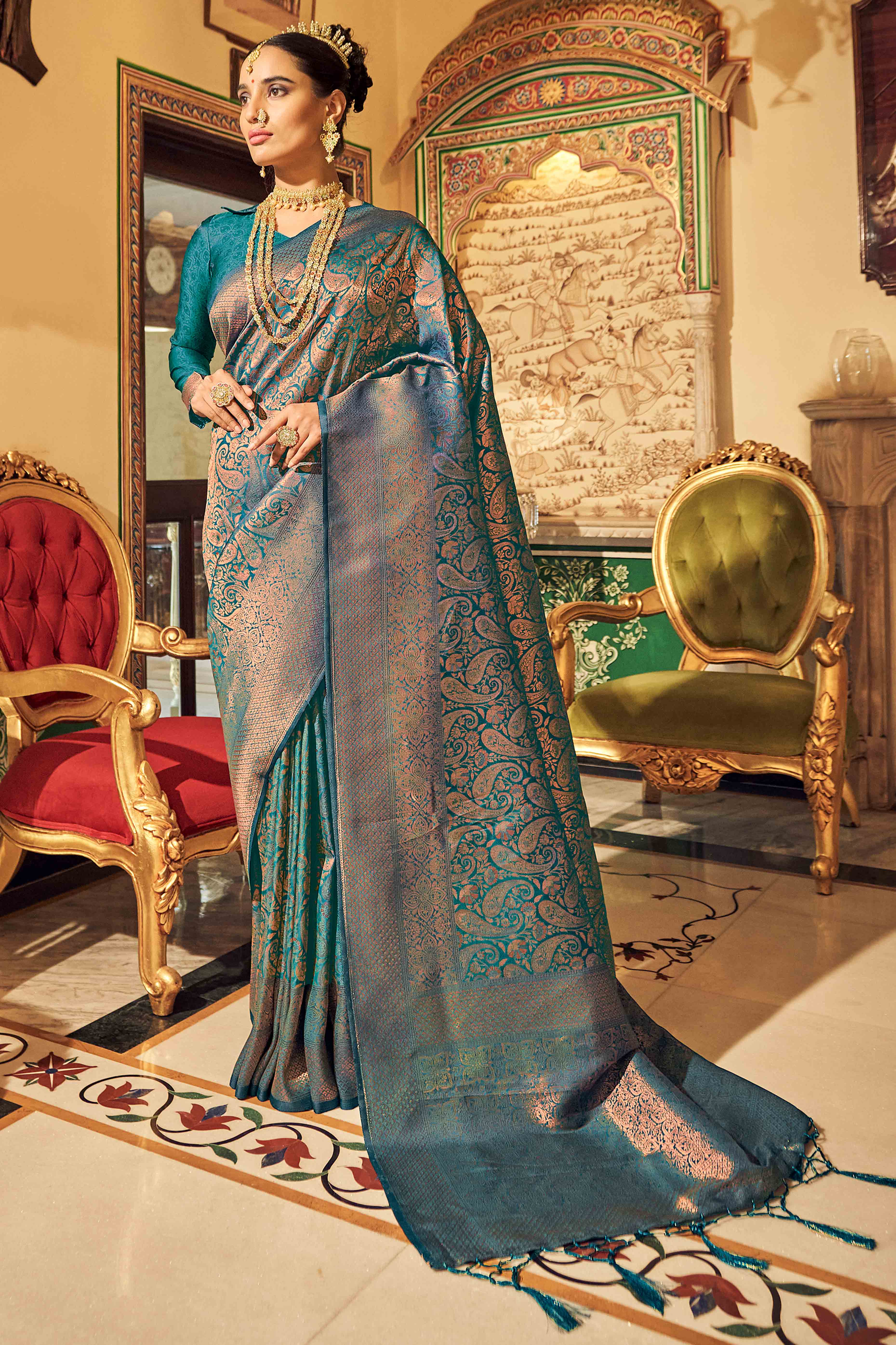 Morpich Green Floral Zari Woven Kanjivaram SIlk Saree