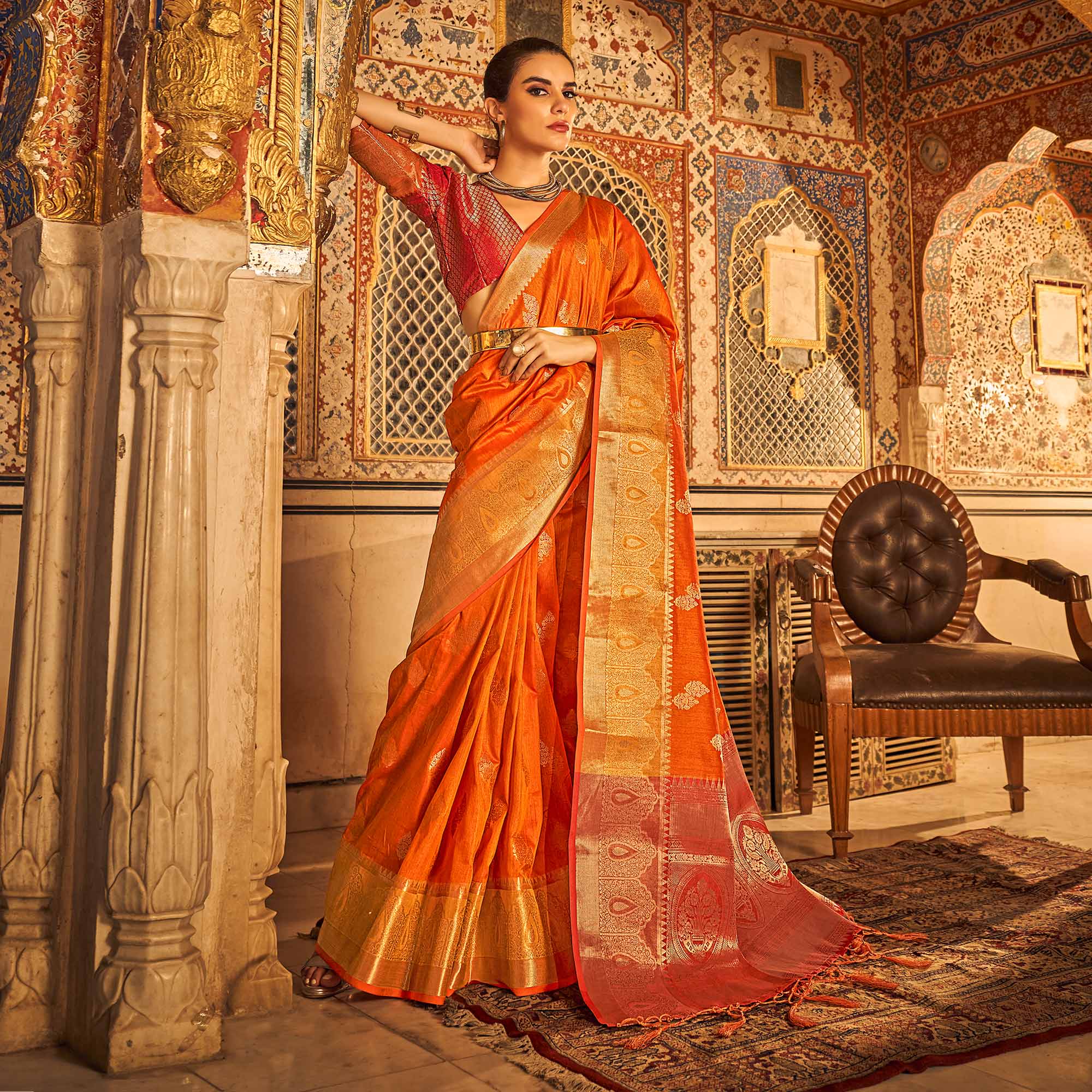 Orange Floral Woven Tussar Silk Saree