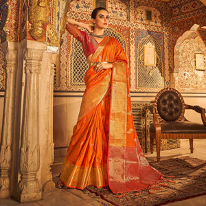 Orange Floral Woven Tussar Silk Saree