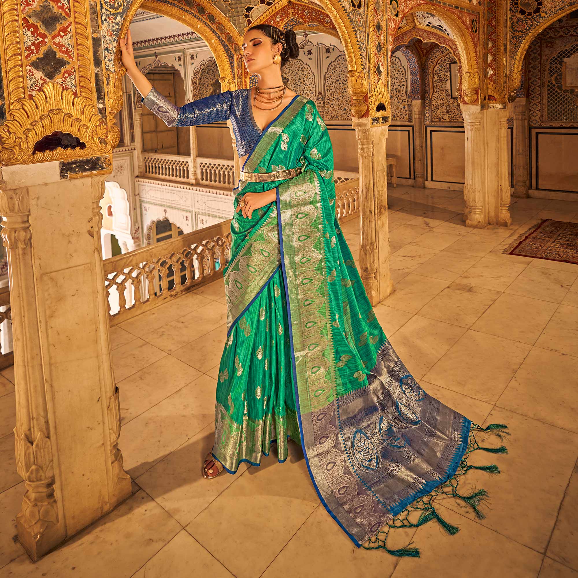 Green Floral Woven Tussar Silk Saree