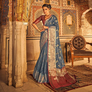Grey Floral Woven Tussar Silk Saree