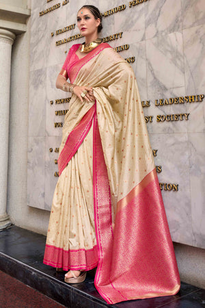 Beige Floral Woven Pure Silk Saree