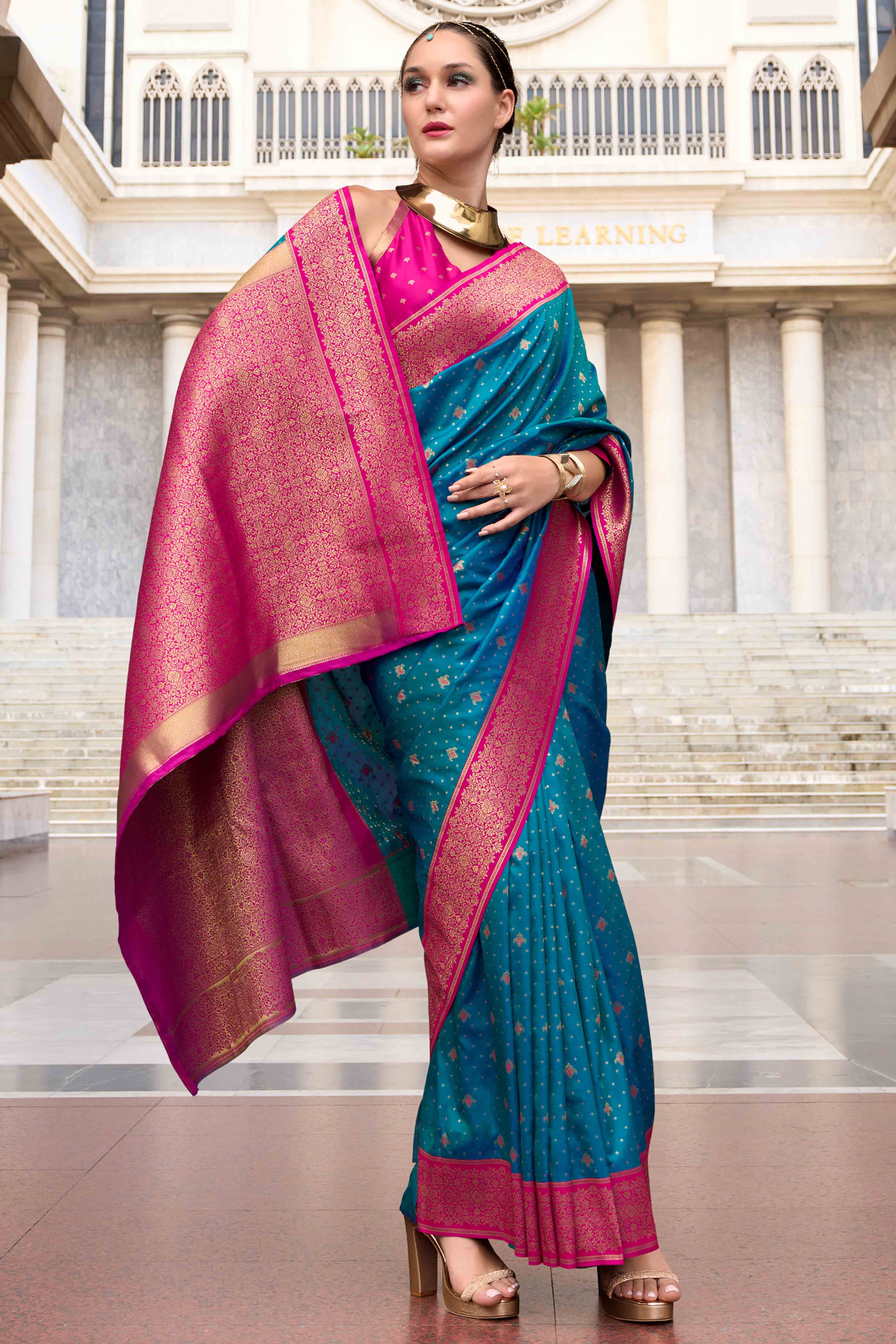 Morpich Blue Floral Woven Pure Silk Saree