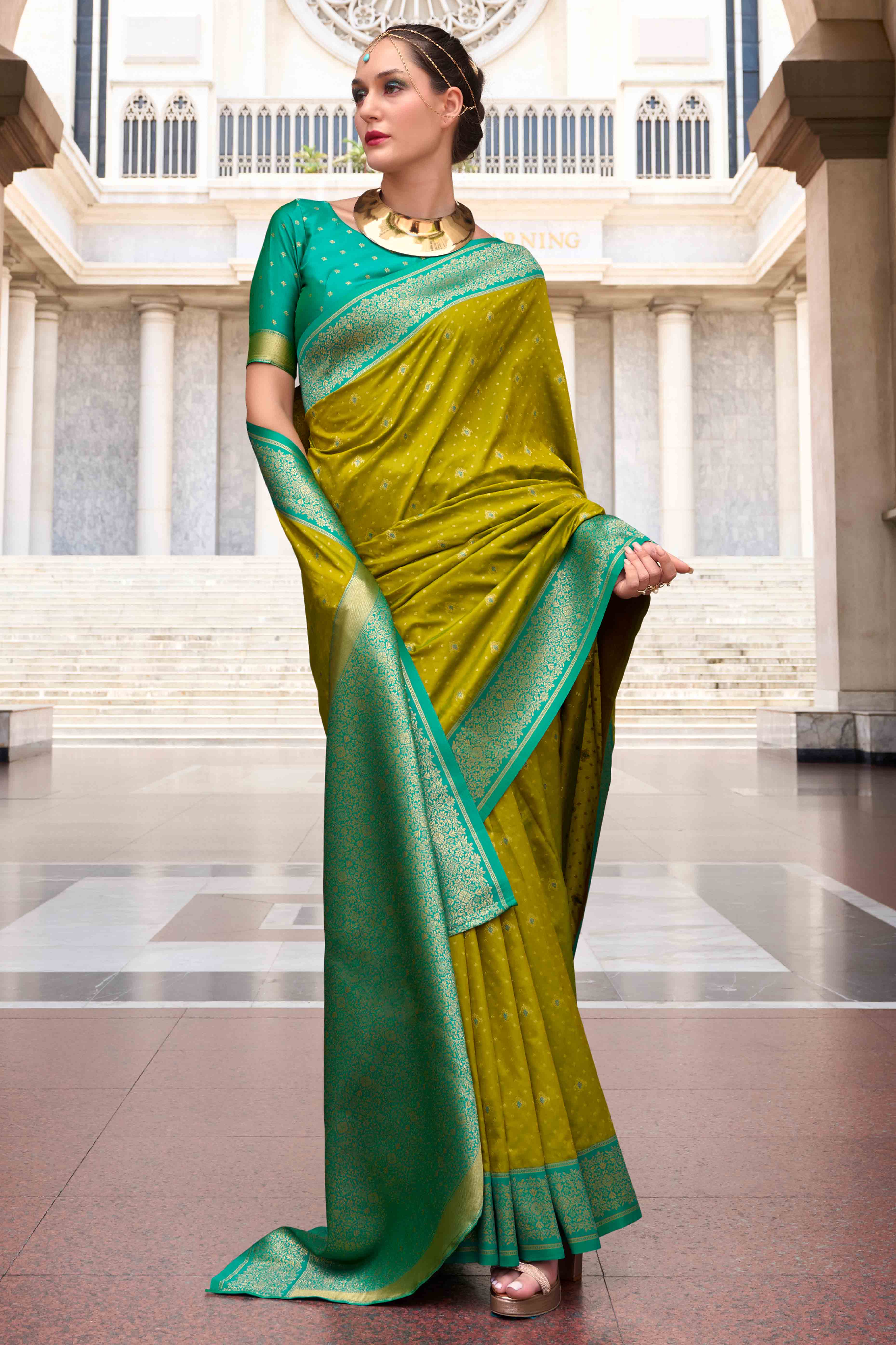 Olive Floral Woven Pure Silk Saree