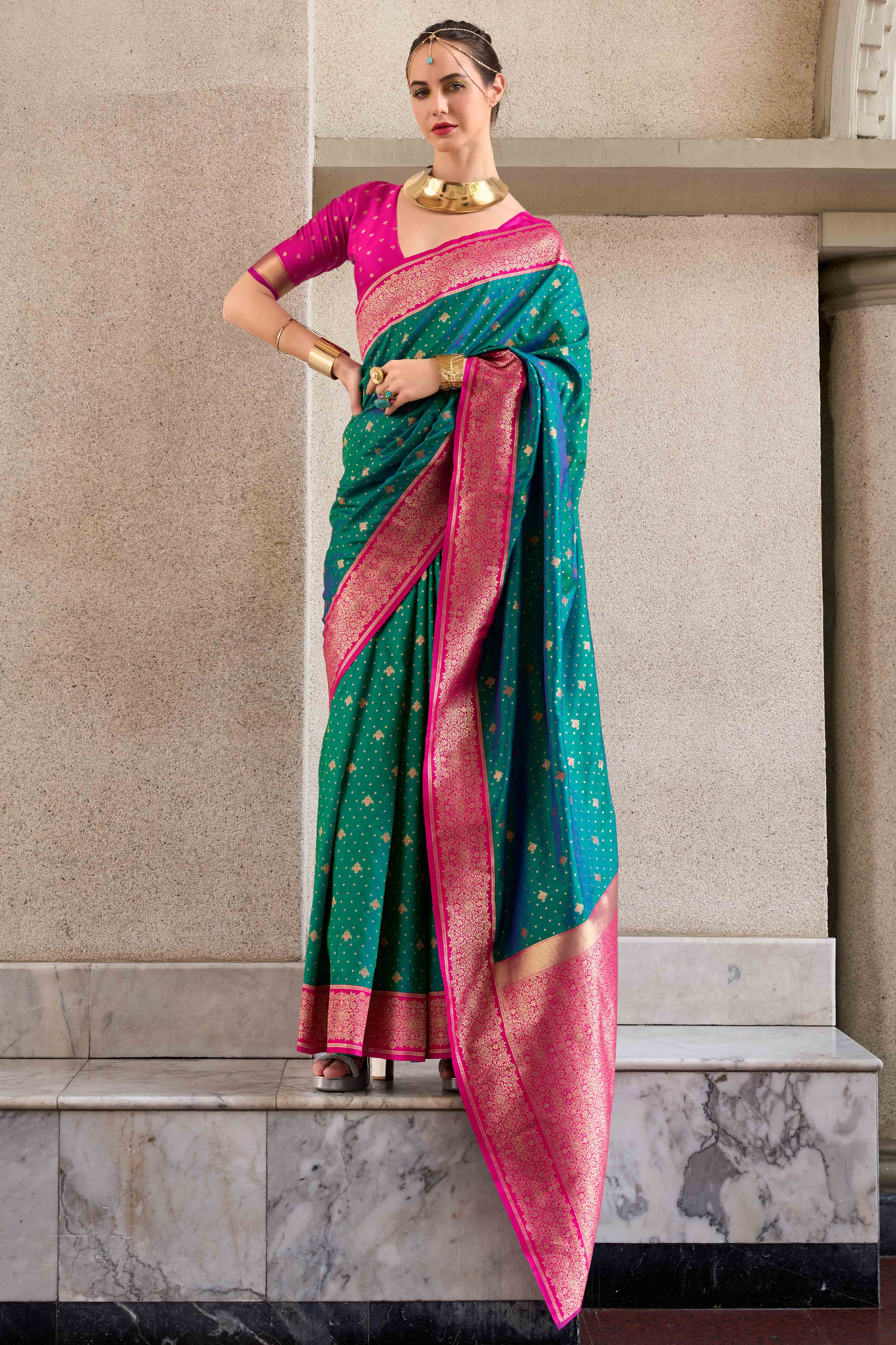 Rama Green Floral Woven Pure Silk Saree