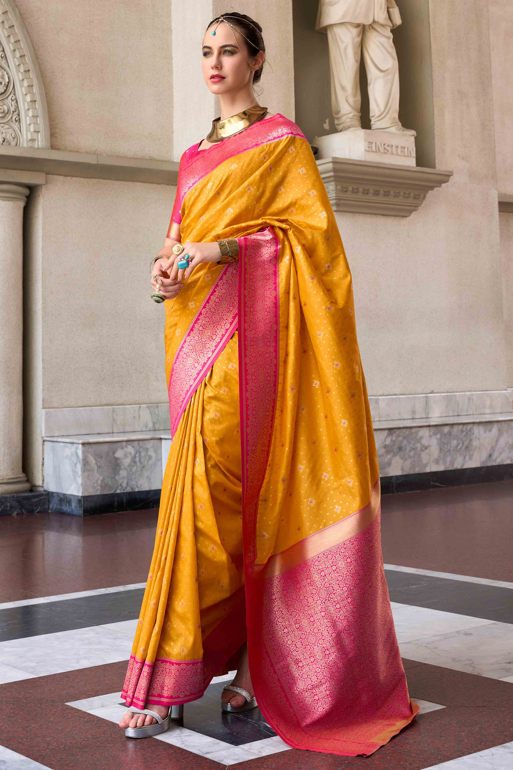 Mustard Silk Self Design Sari main image 1