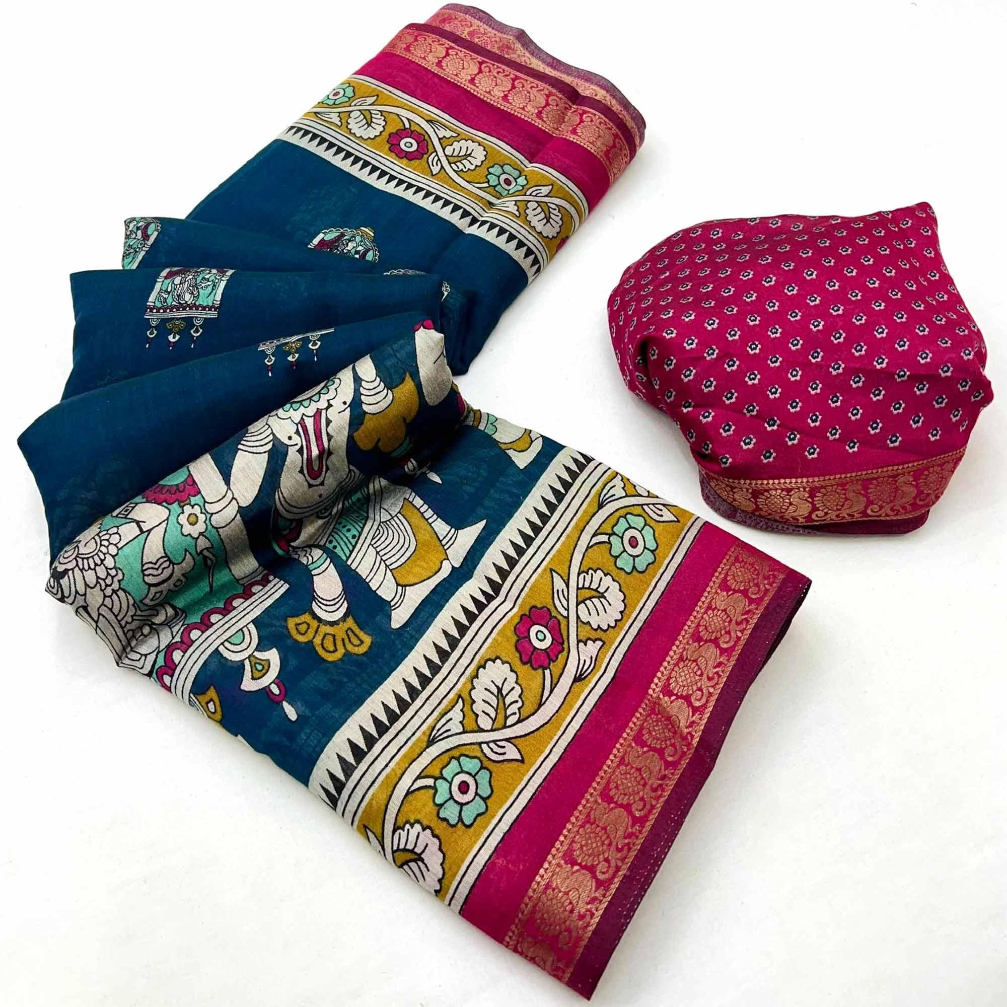 Mangalagiri Cotton Silk Saree in Teal with Artistic Pattachitra Prints