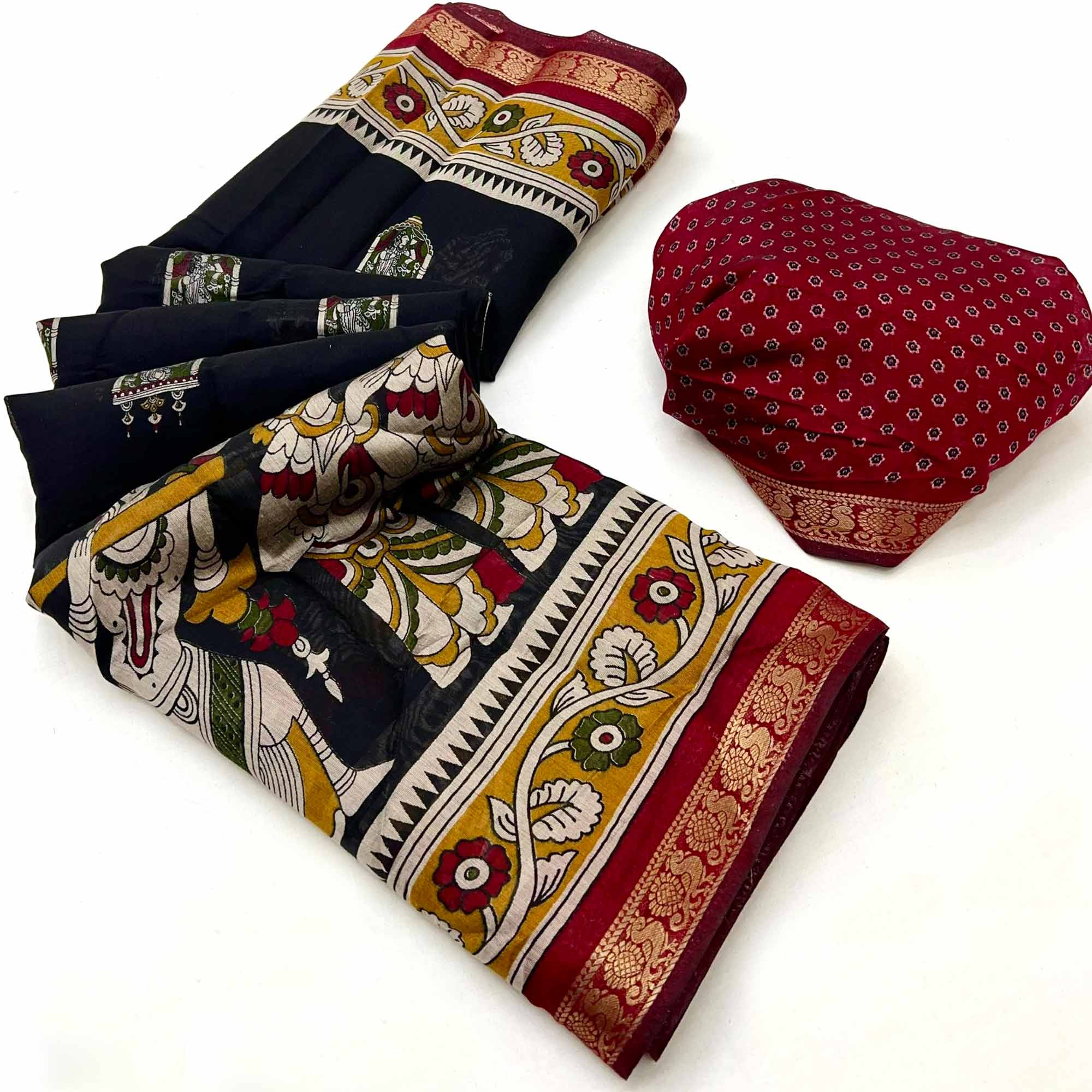 Mangalagiri Cotton Silk Saree in Black with Artistic Pattachitra Prints
