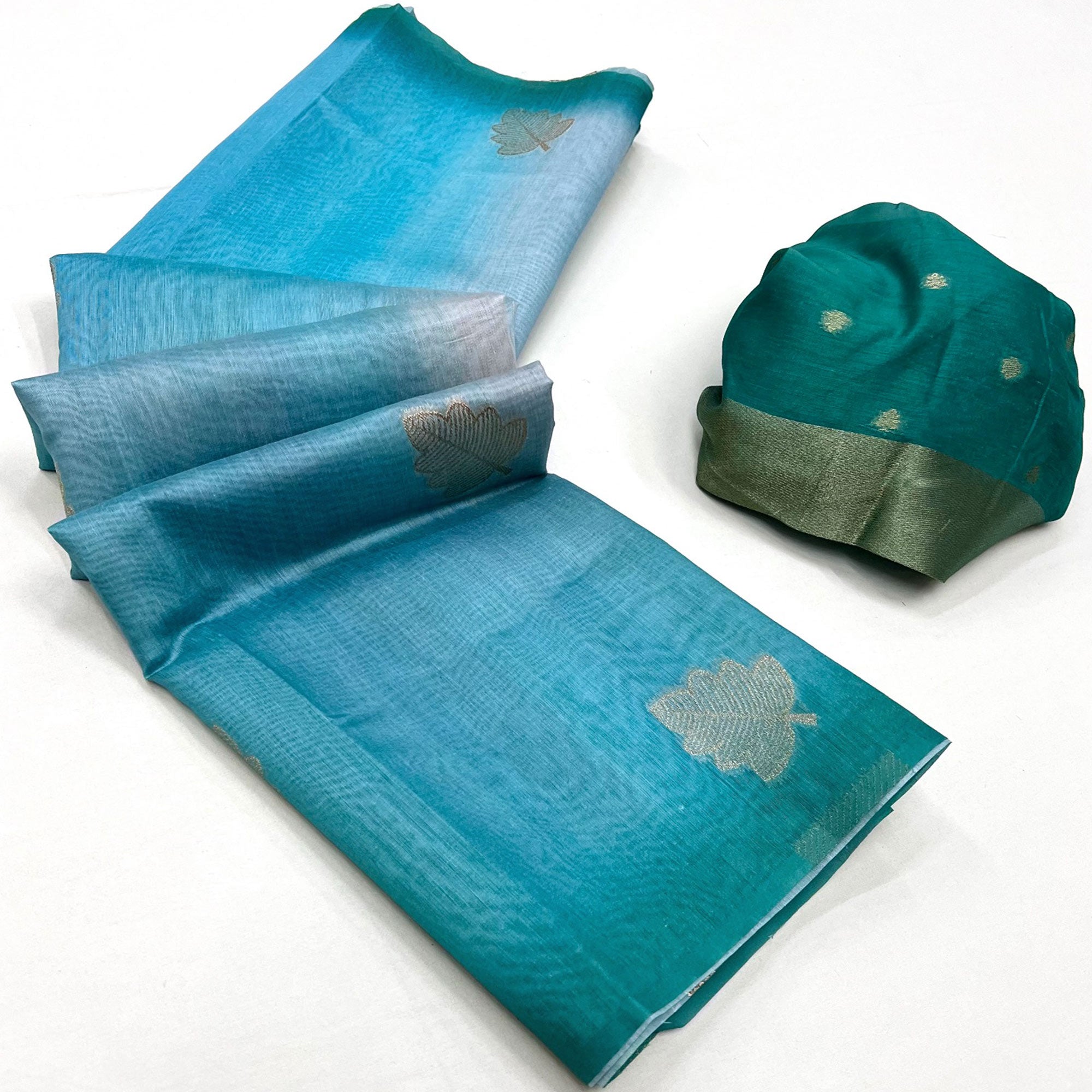 Teal Blue Silk Blend Saree With Intricate Zari Leaf Motifs
