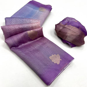 Purple Silk Blend Saree With Intricate Zari Leaf Motifs