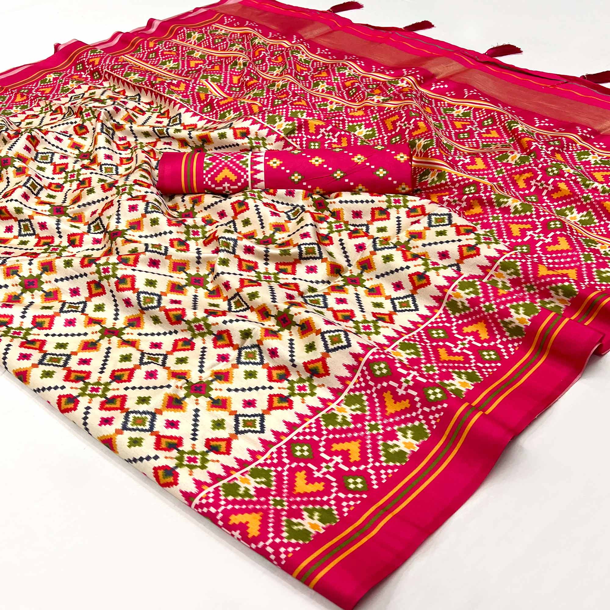 Off White Patola Printed Tussar Silk Saree With Tassels