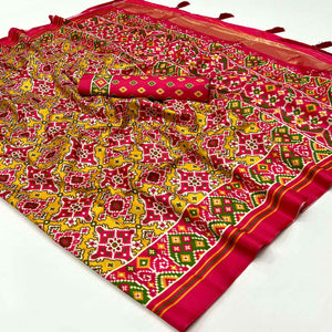 Yellow & Pink Patola Printed Tussar Silk Saree With Tassels
