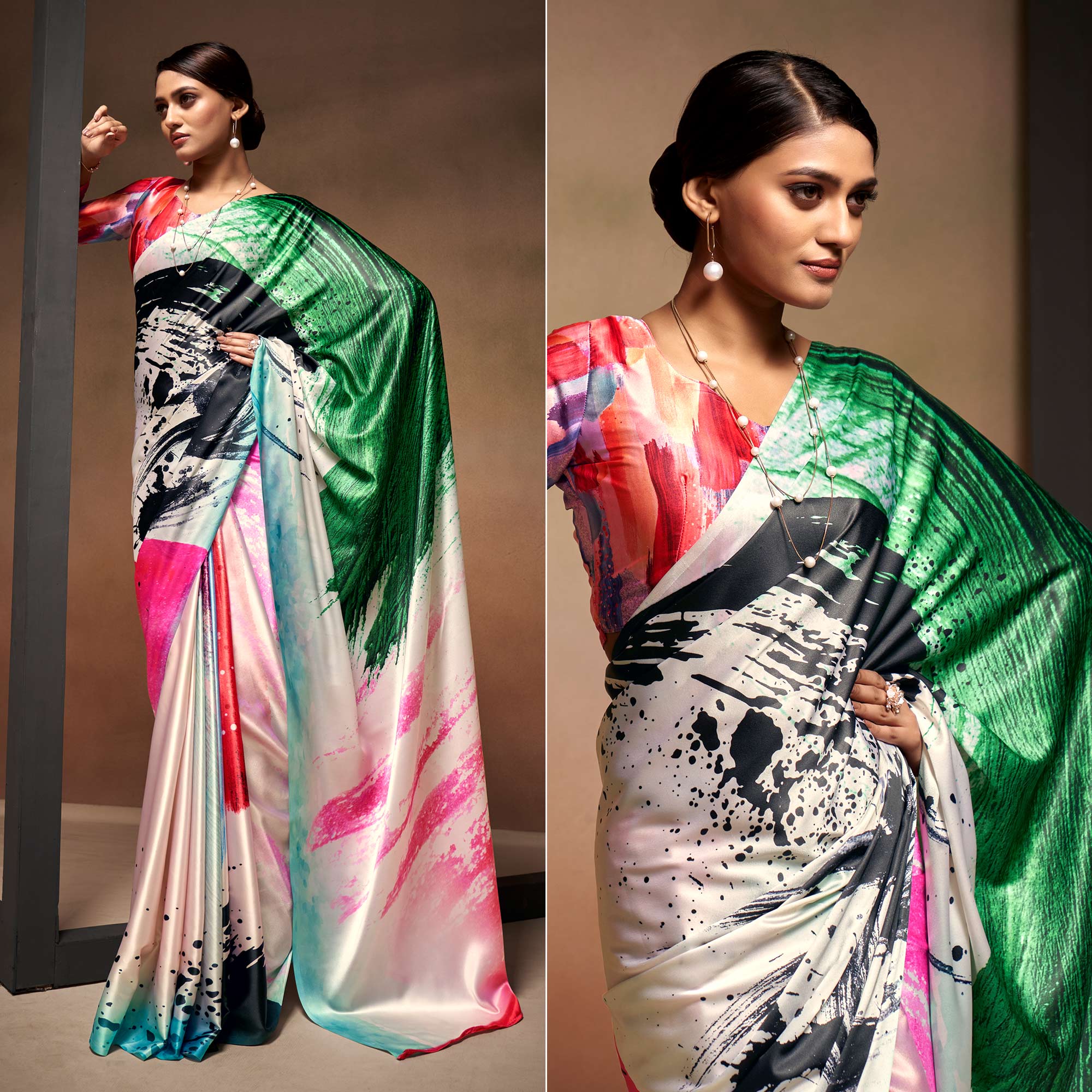 White Digital Printed Satin Saree