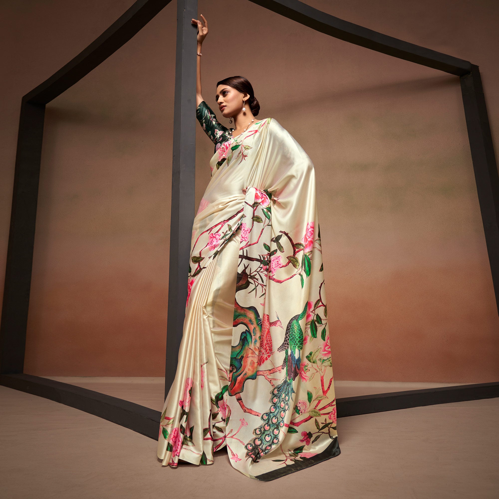 Beige Digital Printed Satin Saree