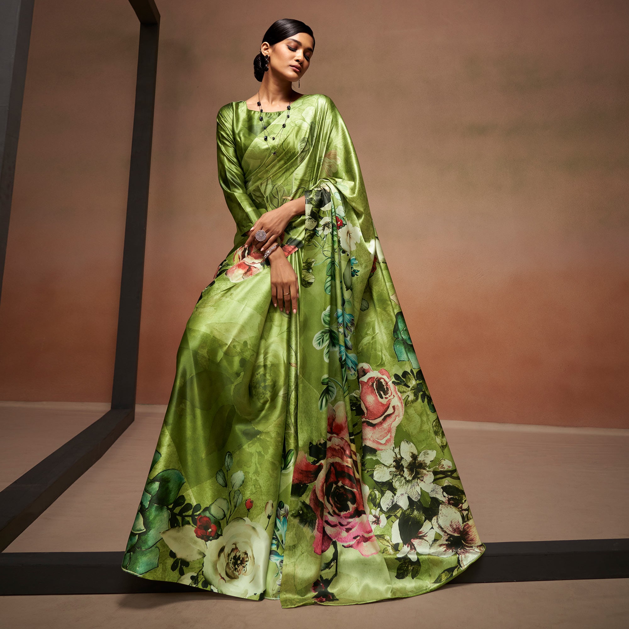 Green Digital Printed Satin Saree