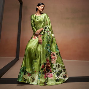 Green Digital Printed Satin Saree