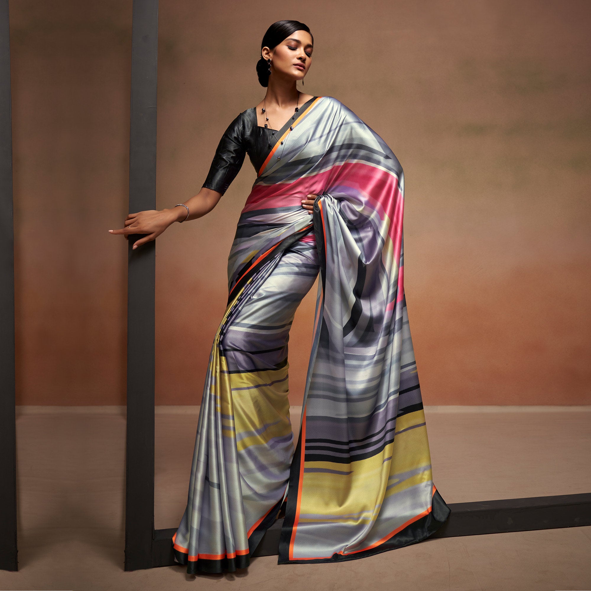 Grey Digital Printed Satin Saree